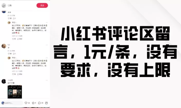 小红书评论区留言,1元条,没有要求,没有上限