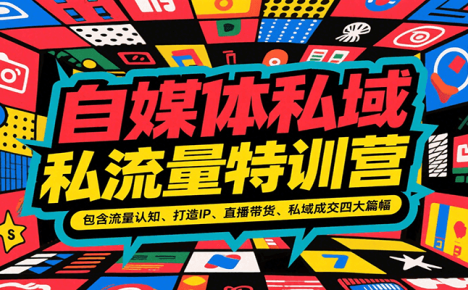 自媒体私域流量特训营，包含流量认知、打造IP、直播带货、私域成交四大篇幅